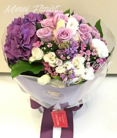 **KBQ13** Hydrangea, Hyacinthus & Rose - Round Bouquet - Purple<br>繡球，風信子 及 玫瑰 圓形花束 - 紫色