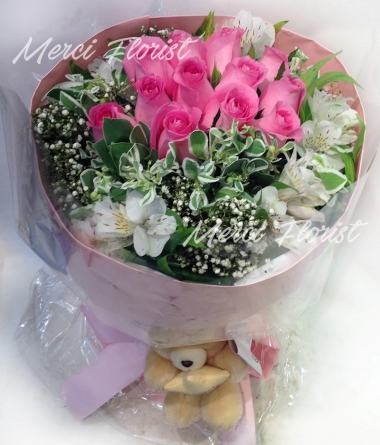 **BQ11** Rose Grouping Round Bouquet - Pink - 12 pcs (Bear not included) (Many colors combination) <br>玫瑰集中圓形花束 - 粉色 - 12 枝 (不包熊仔) (有其他顏色選擇)