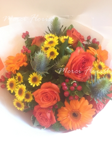 **KBQ92** Orange Rose, Gerbera Round Bouquet<br>橙玫瑰 橙太陽花 圓形花束