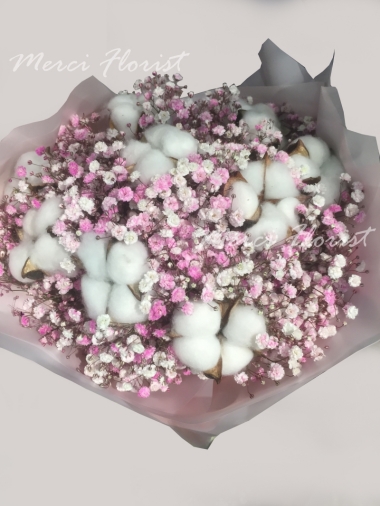 **KBQ96** Pink star flower and Cotton Round Bouquet<br>粉色星花 及 棉花 圓形花束 （可以做乾花）