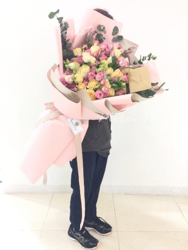 **XLBQRSRE12** Jumbo Korea style Rose Long Bouquet-Champagne and Pink<br>韓式巨形長花束-香檳色及粉色