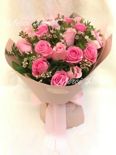 **KBQ23** Shock Pink and Light Pink Rose Round Bouquet - 18 pcs<br>粉桃色及淺粉色玫瑰 圓形花束 - 18枝